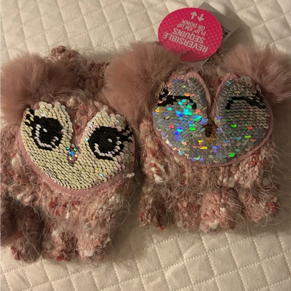 The Children's Place Pink Fuzzy Mittens with Sequin Hearts that reverse to sleep